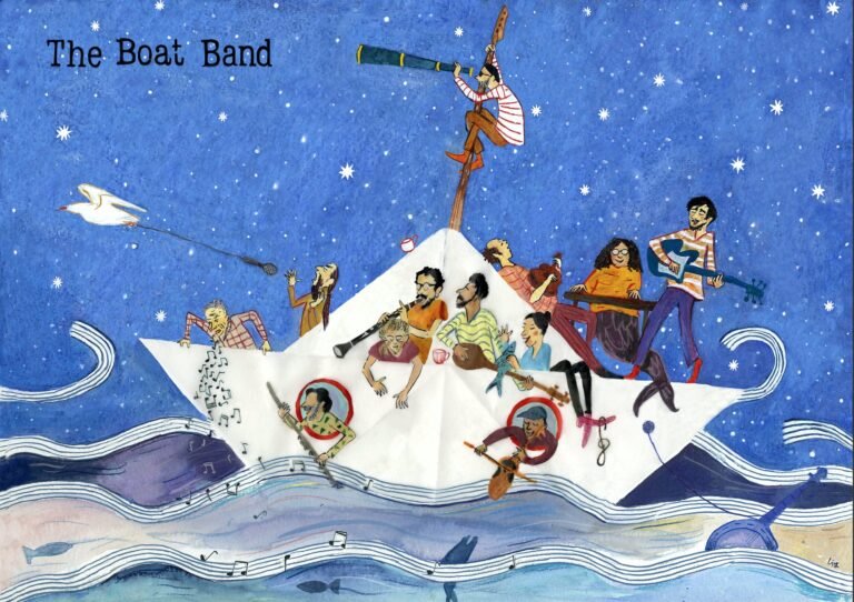 Illustratie The Boat Band door Lise Van Lerberghe: de bandleden in een papieren bootje op zee
